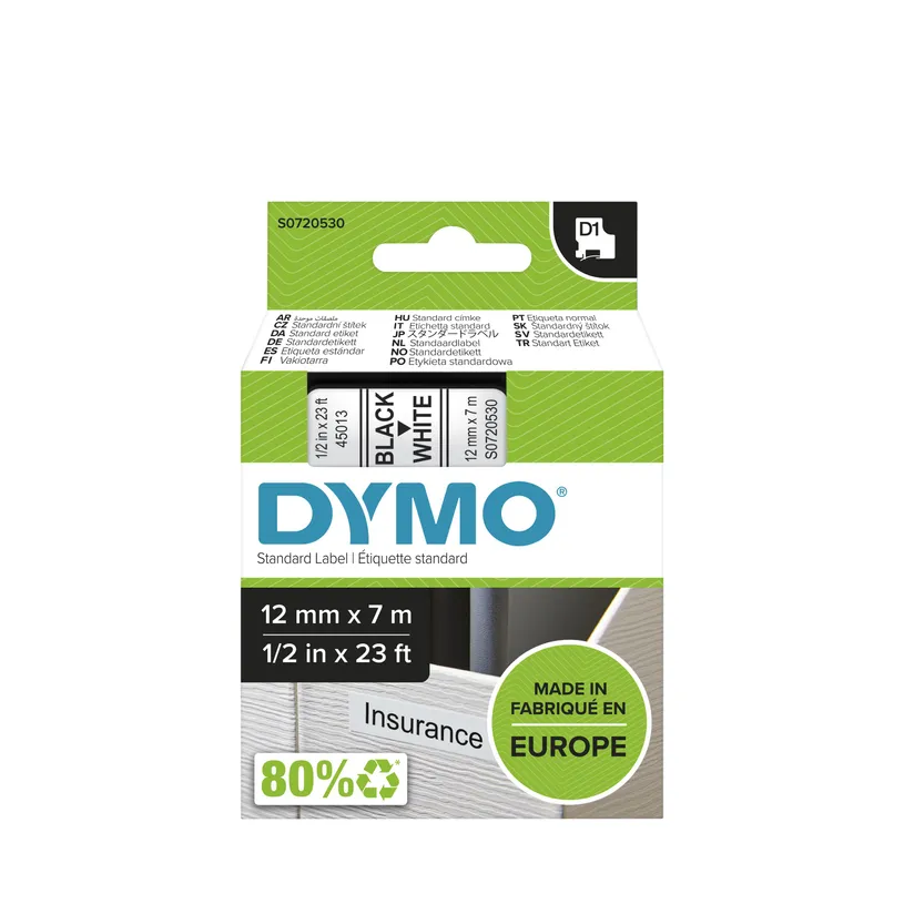 Ruban Dymo D1 – 12mm x 7m Noir sur Blanc Pour Étiqueteuses Dymo (Ref:415013-S0720530)